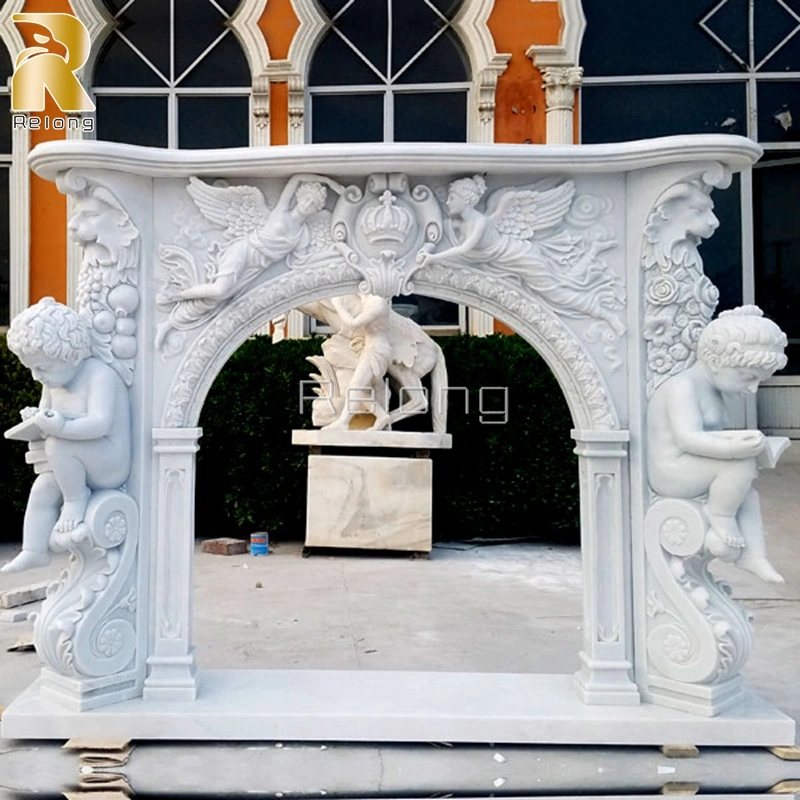 Home Decoration Natural Luxury Freestanding Stone Marble Fireplace with Baby Statue Home Indoor Decor