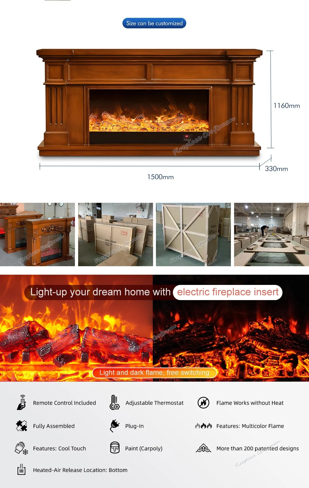 Home Appliance Living Room Furniture TV Stand Portable 3D Flame Electric Heater Fireplace with Insert for Sale