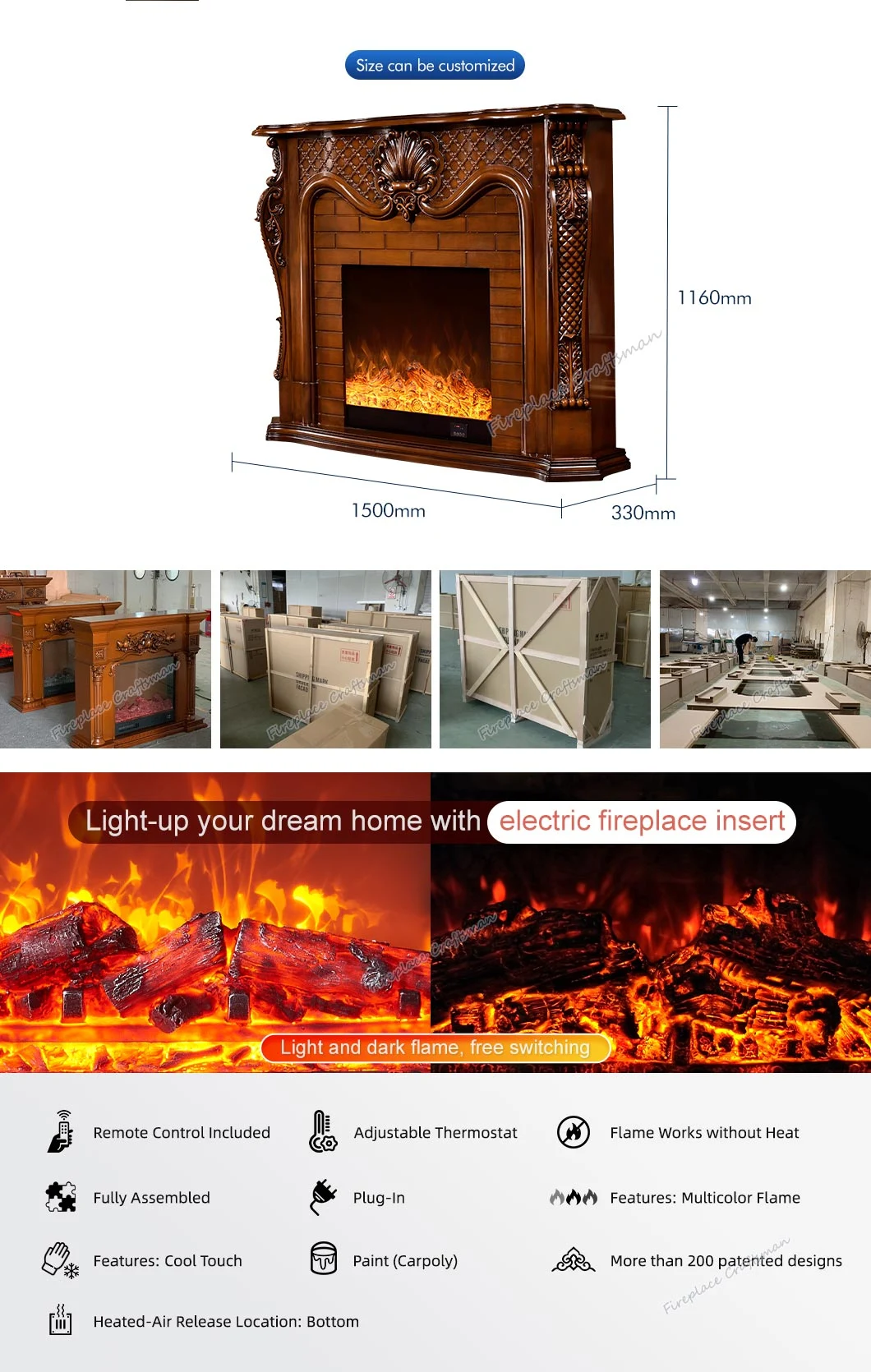 Brown Electr Fire Place Mantle Decor TV Stand Heater Electric Fireplace with LED Flame