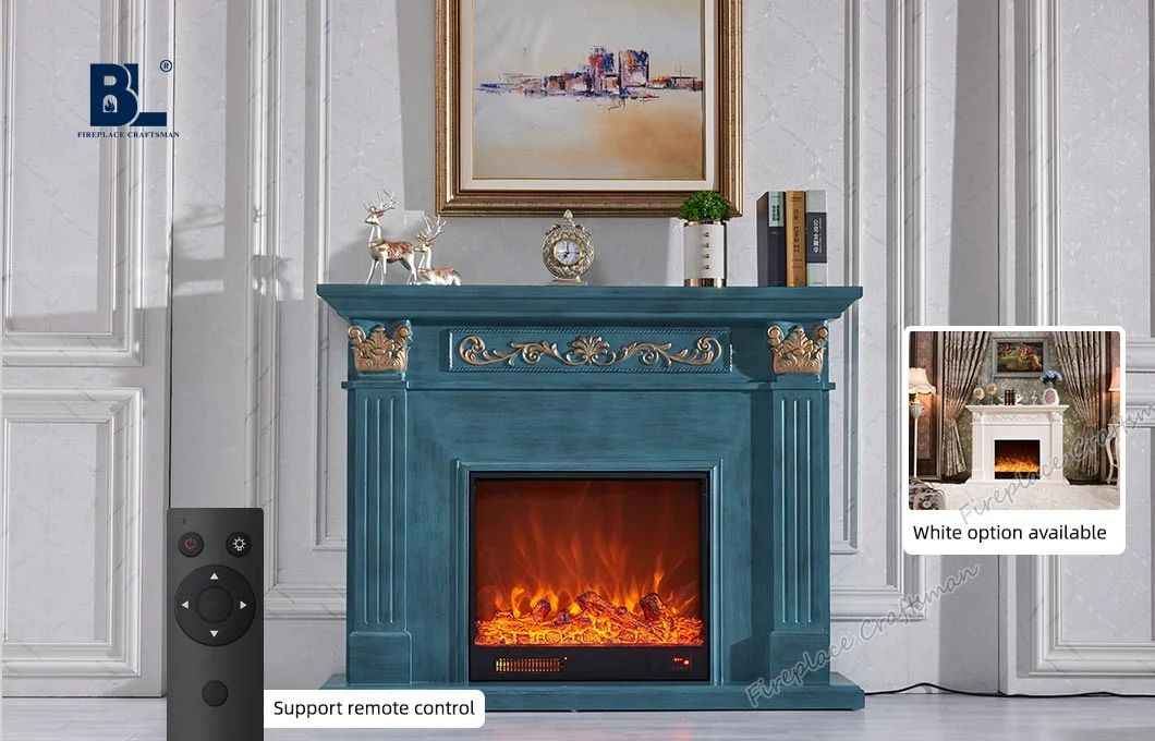 Freestanding Lake Green Mantel Portable Flame Wooden Frame Electric Heater Fireplace