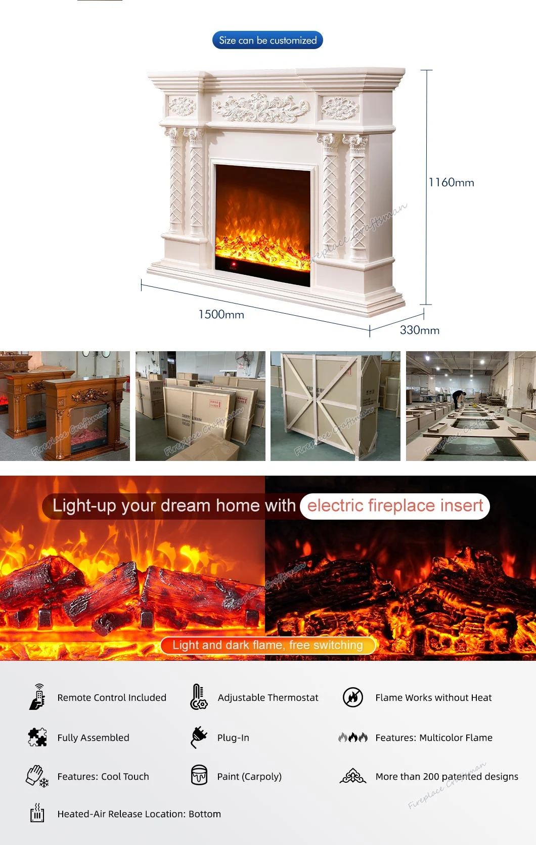 Indoor Decor Freestanding Modern White Electr Fire Place Heater E0 Mantle TV Stand Electric Fireplace with Mantel
