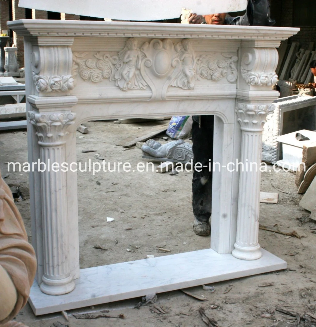 Freestanding White Marble Fireplace Carved Babay Cherubs (SYMF-122)