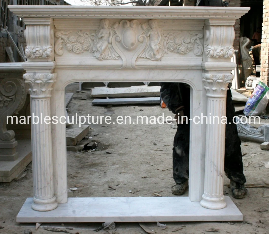 Freestanding White Marble Fireplace Carved Babay Cherubs (SYMF-122)